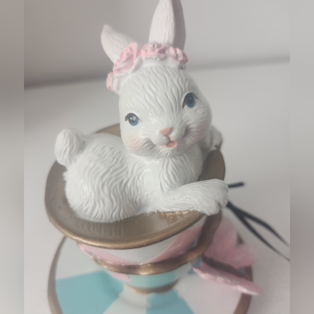 TopHat & Tails White Bunny Sitting In A Teacup Figurine with Pink Floral Crown - Picture 3 of 14
